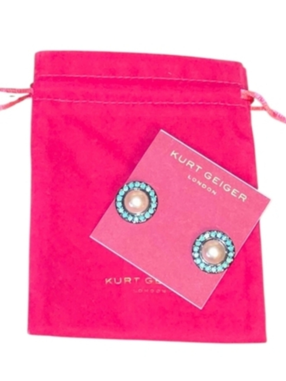 Kurt Geiger Octavia Faux Pearl Green Crystal Stud Earrings,  NWT In Velvet Pouch